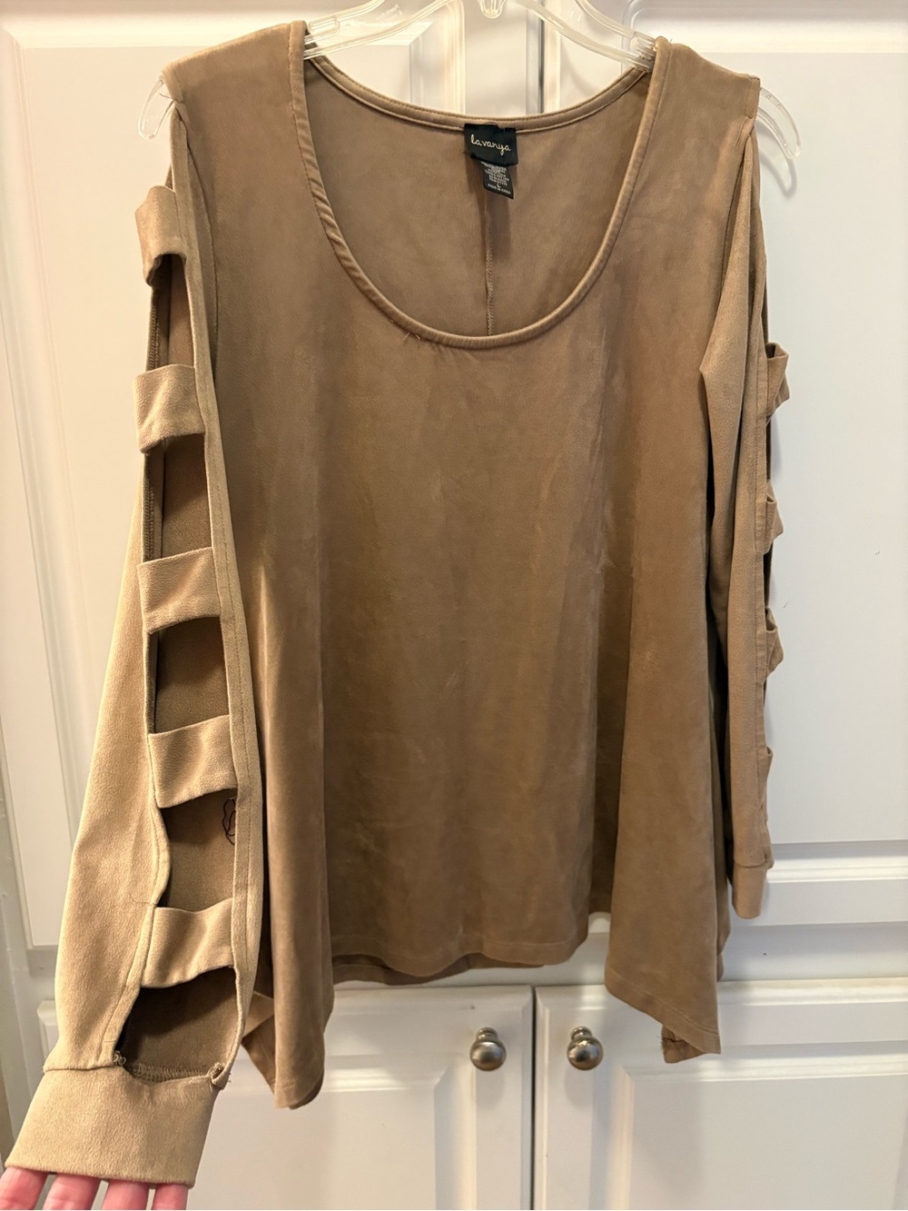 Lunaressa Taupe Cold-Shoulder Ladder-Sleeve Top